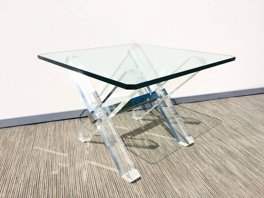 Square coffee table ' Trestles '. Plexi & glass. Vintage 80s
