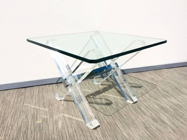 Table basse carrée ' Tréteaux ' . Plexi & verre. Vintage 80s