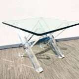 Table basse carrée ' Tréteaux ' . Plexi & verre. Vintage 80s