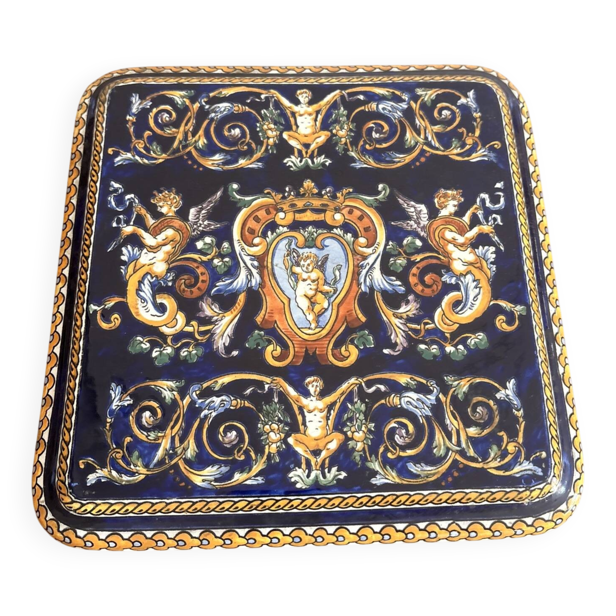 Coaster Earthenware Gien Renaissance Model Angel Cherub Putti Cobalt Blue
