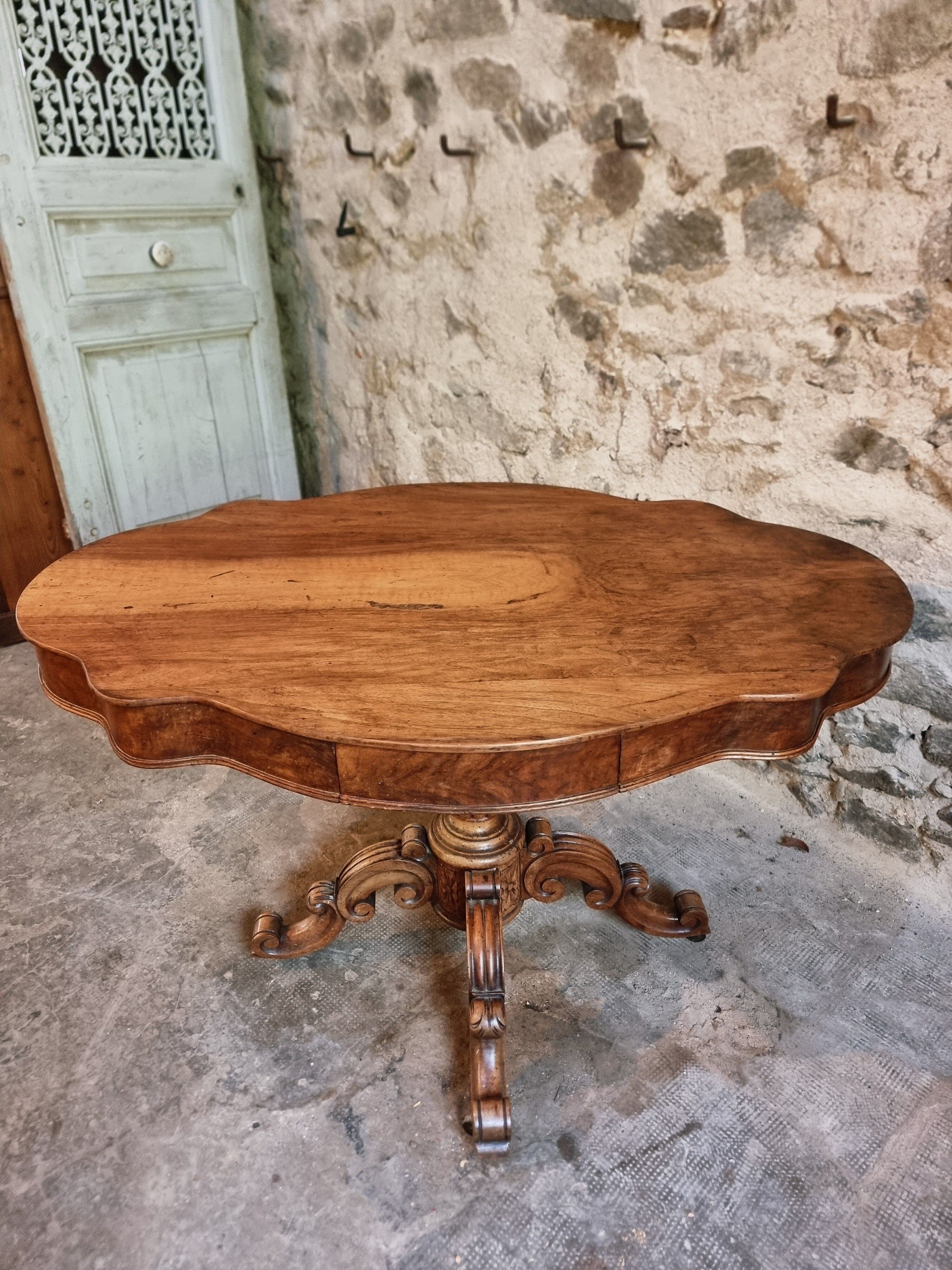 French antique walnut violin table, centre table with drawer, circa 1880–1900.