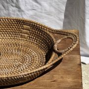 Large flat oval woven rattan basket with handles, Indonesian L53x64