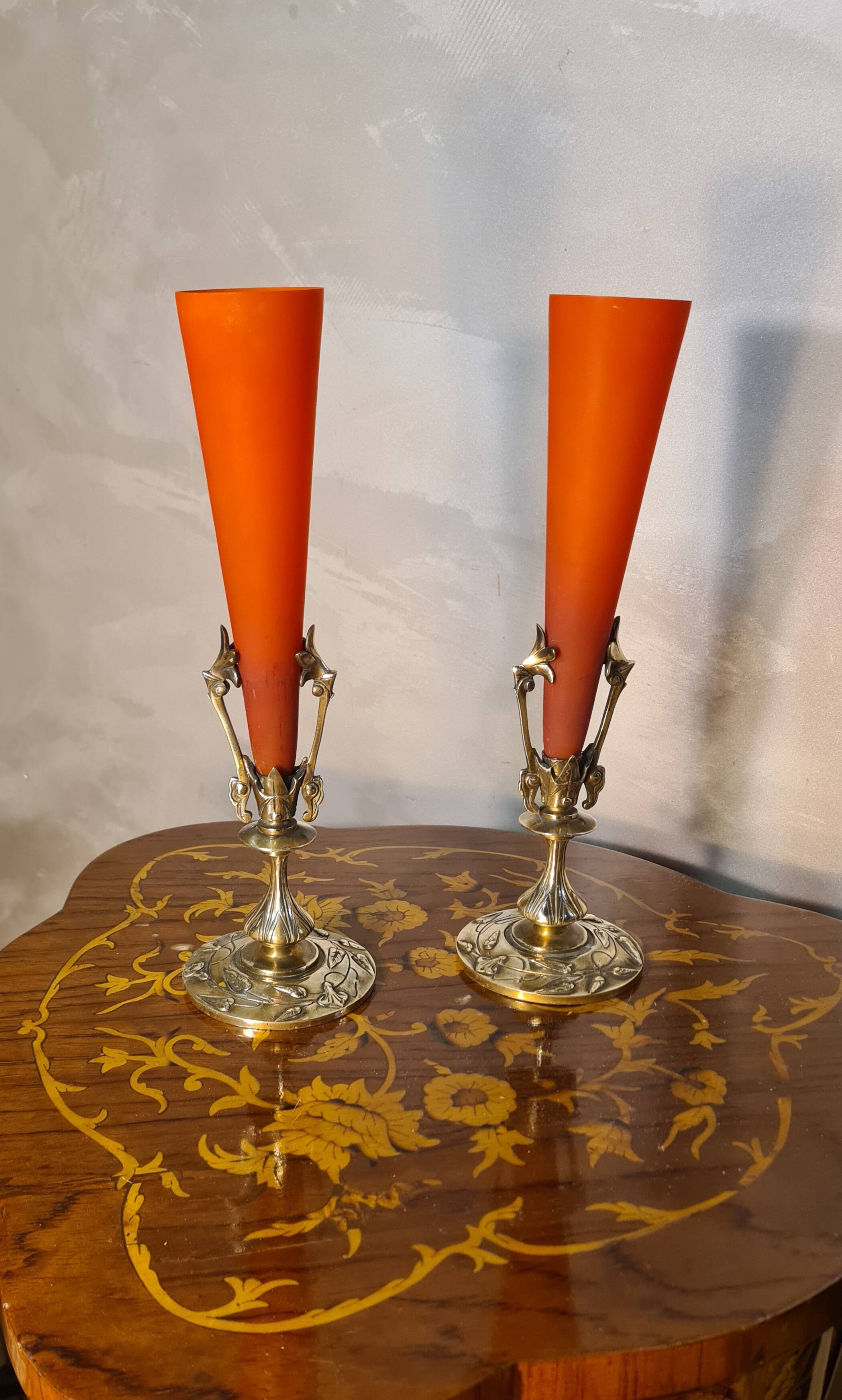 pair of bronze and glass paste Art Nouveau vases, bouquet holder, soliflore cone
