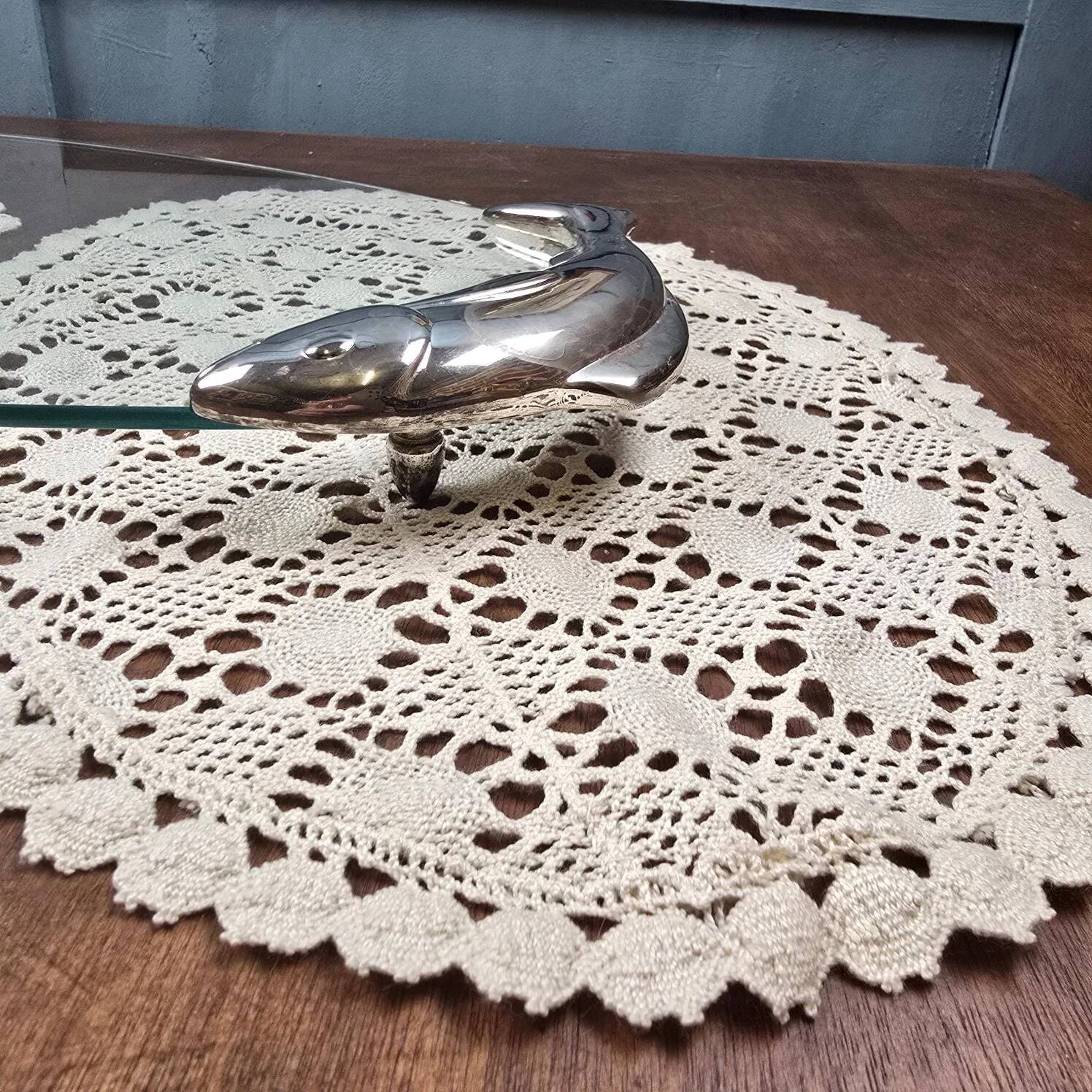 SILEA fish serving platter or dish in glass, with silver fish handles.