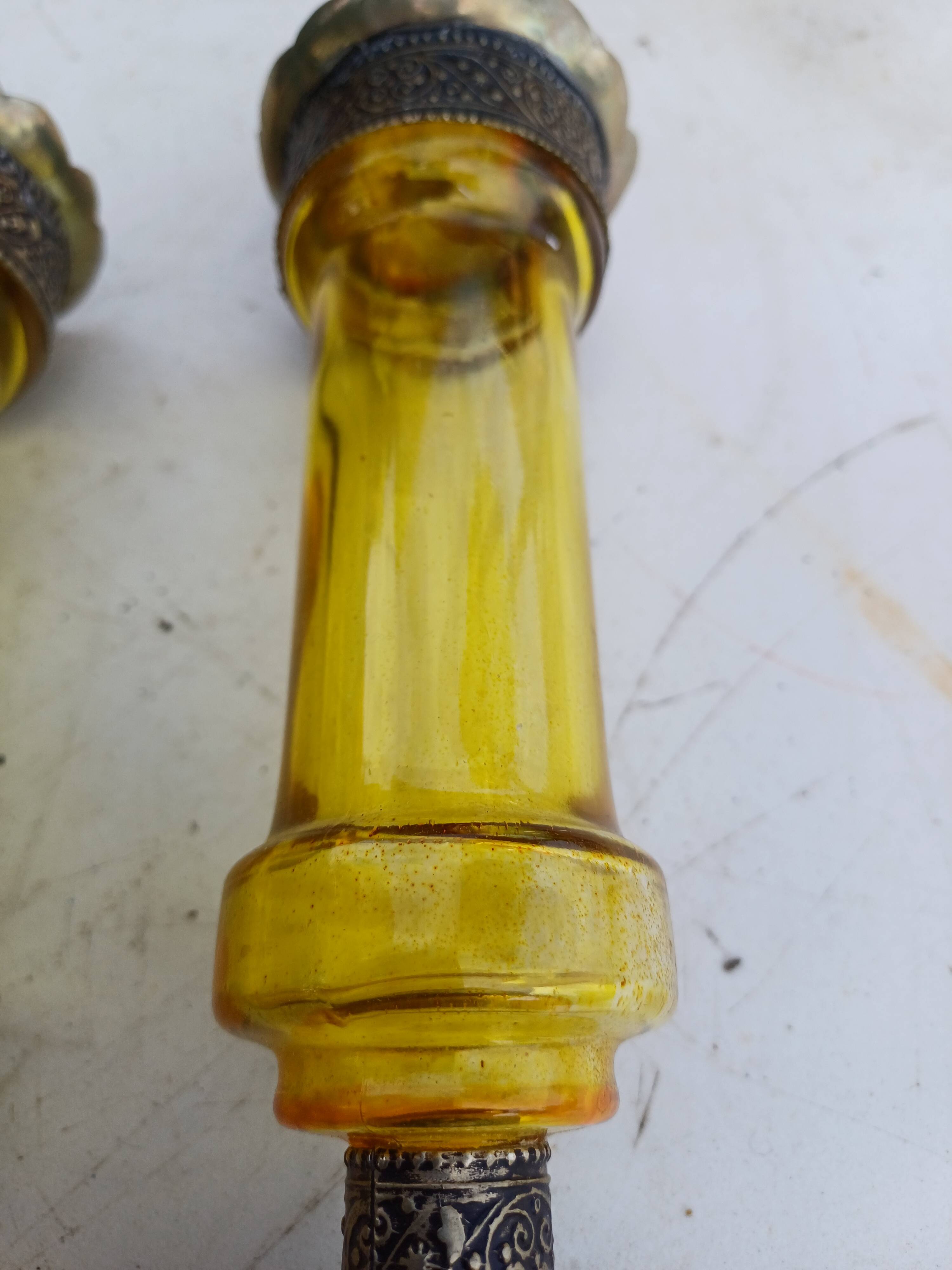 Pair of Silver Metal Candlesticks, Yellow Glass