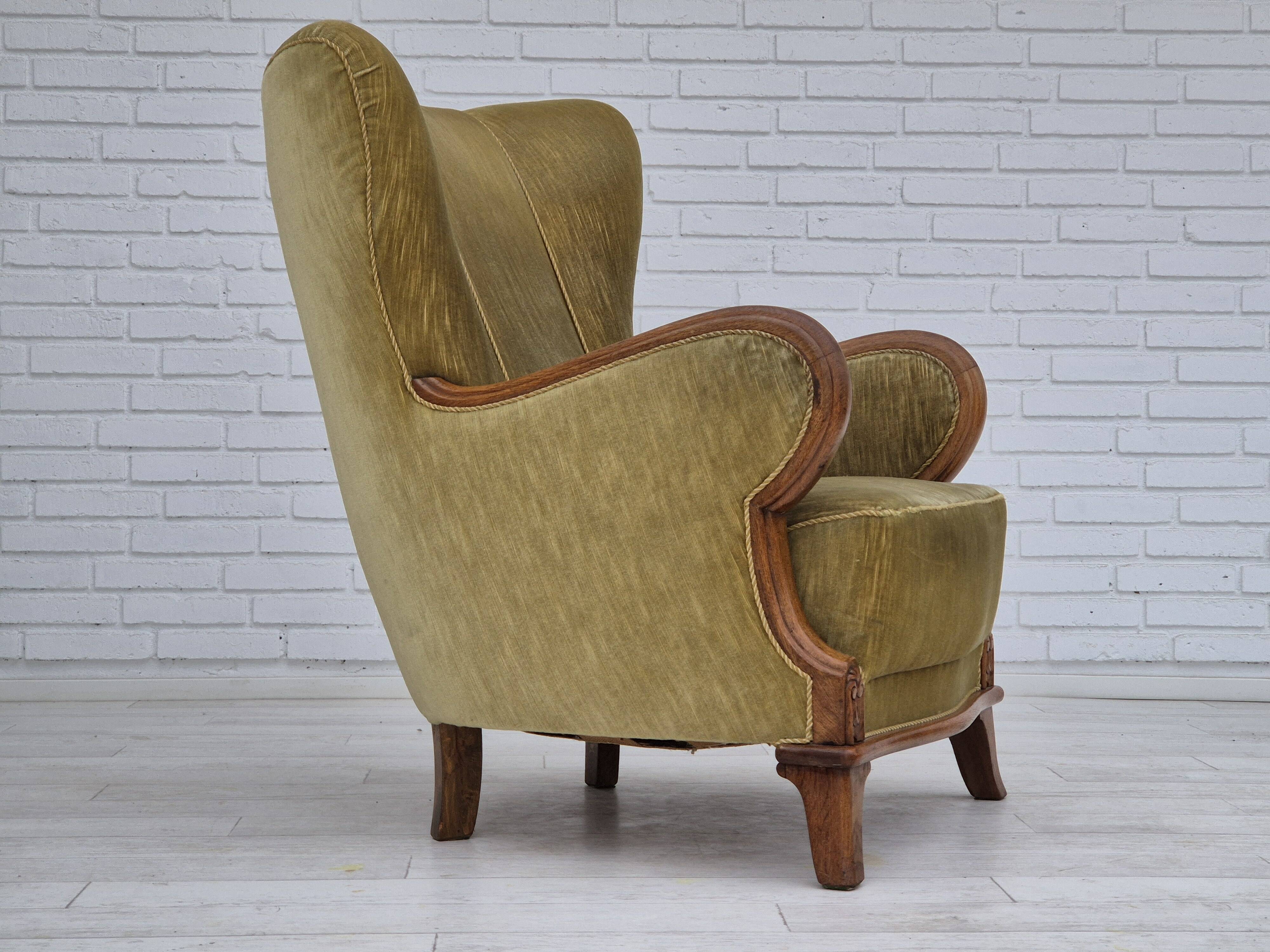 1960s, Danish armchair in original very good condition, furniture velour, oak wood.