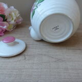 Korean teapot in white ceramic pattern pink flowers handle vintage wood