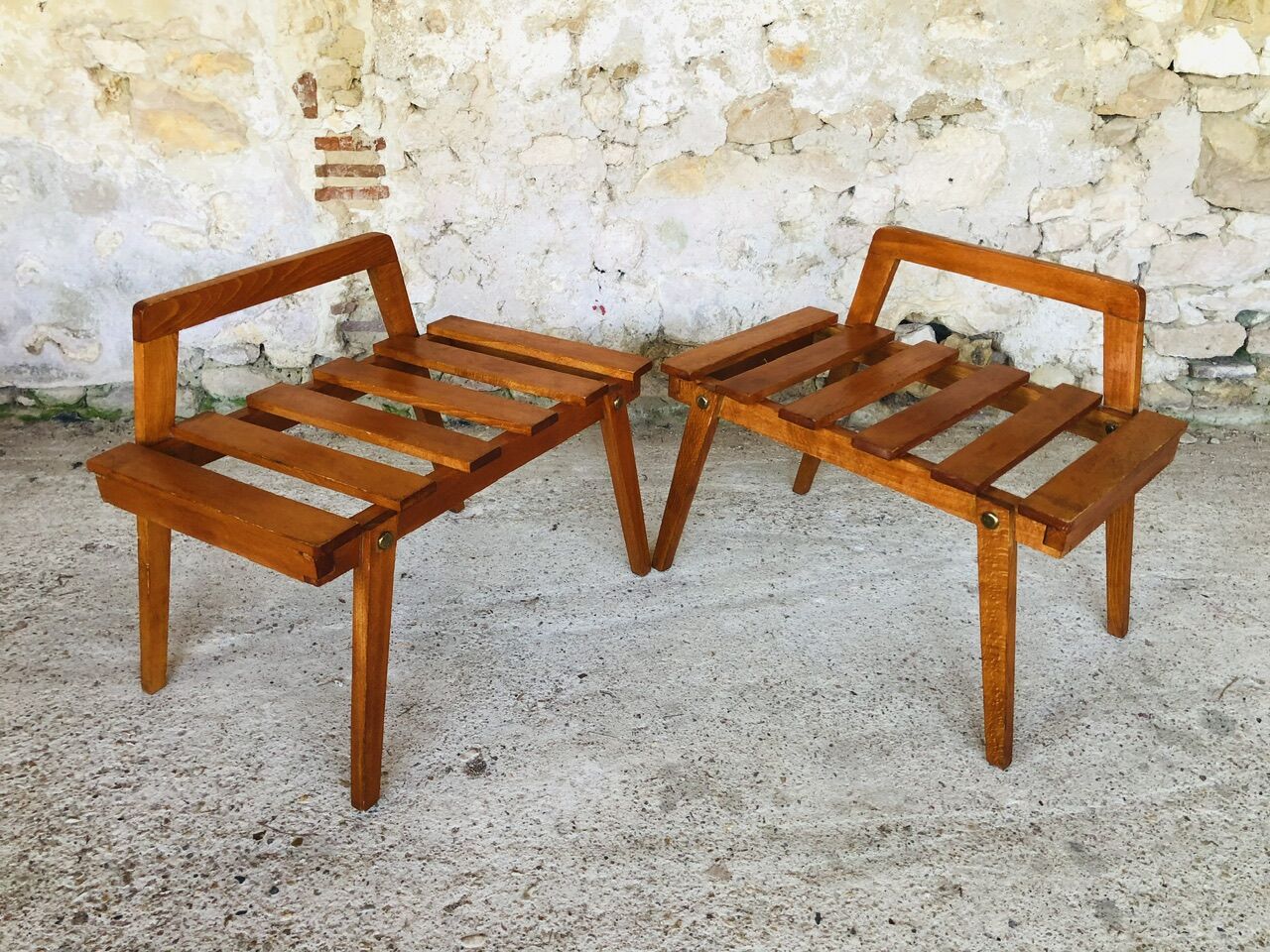 Pair of slatted side tables, Scandinavian style, 60s