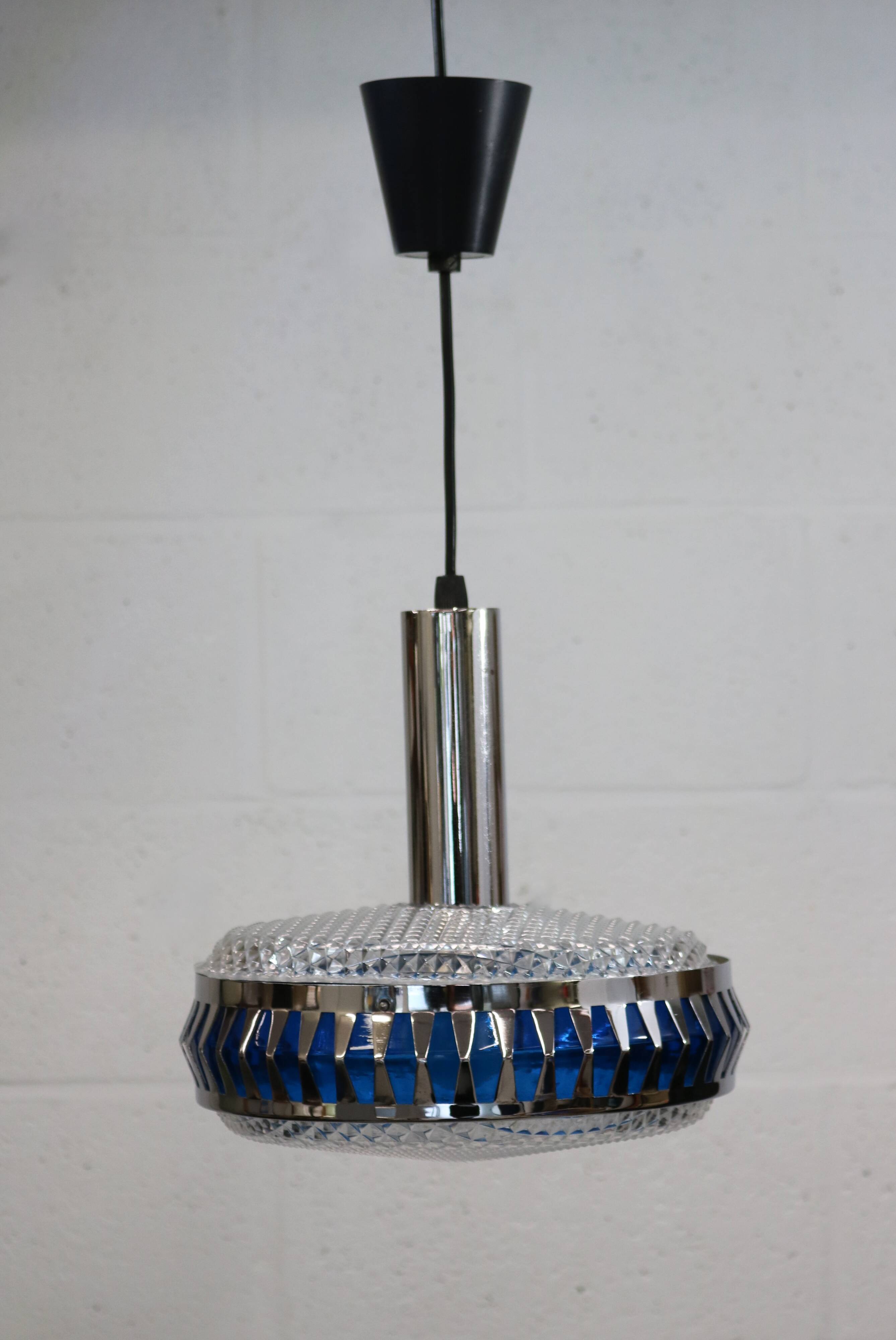 Vintage Chrome & Blue Pendant Lamp - 1970s Massive Belgium Lighting