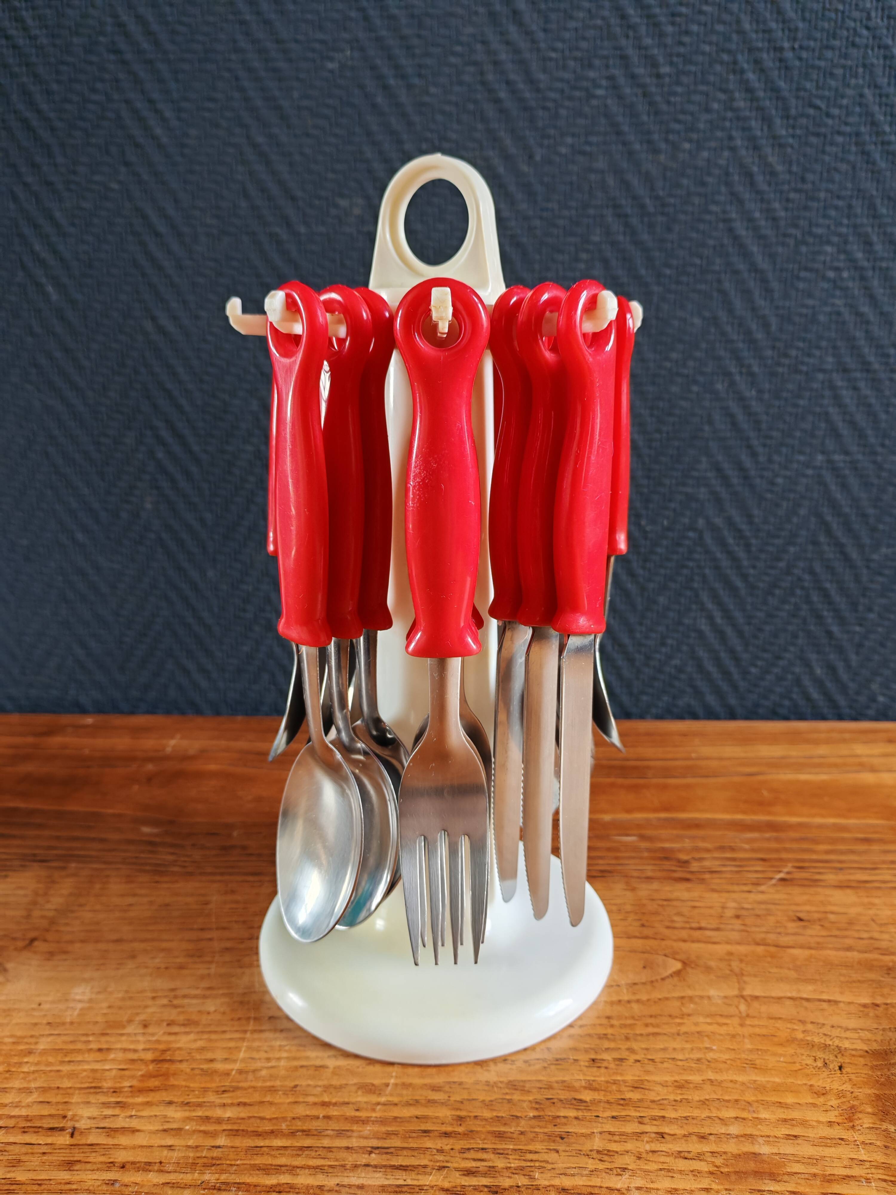 Vintage Pop Art Cutlery Set 1970s - 24 Pieces with Red Handles