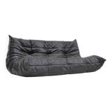 Vintage Togo Ligne Roset 3 seater sofa black leather by Michel Ducaroy 1990s