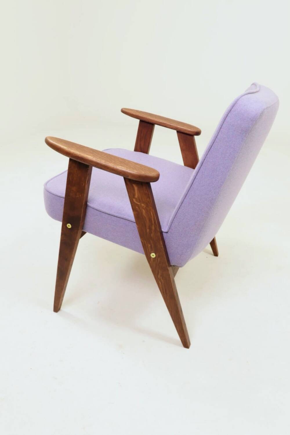 Vintage armchair in lavender wool and oak.