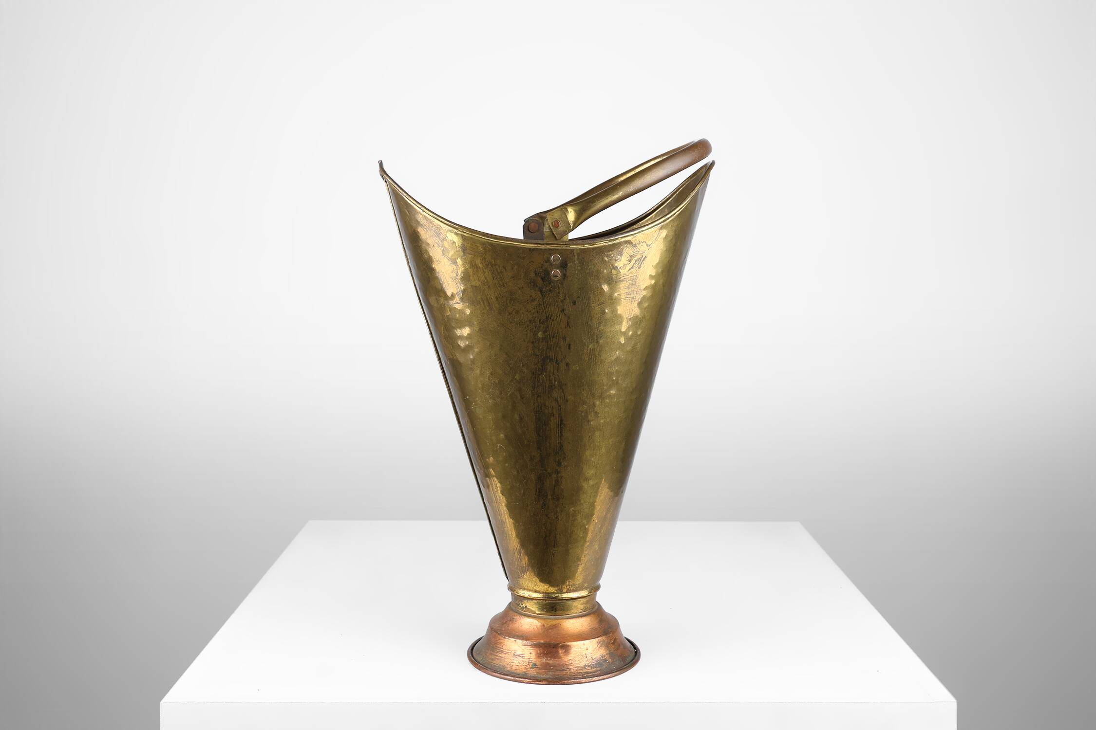 French vintage rustic brass and copper base umbrella stand with embossed decoration