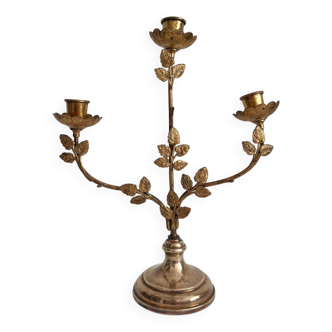 Antique bronze and brass candlestick with golden leaves