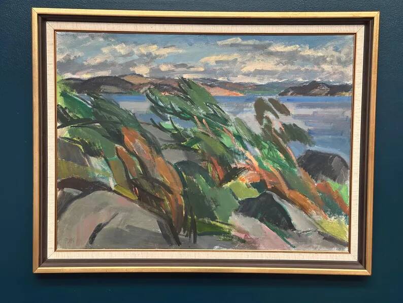 Large original Swedish oil on canvas – "Rocky Shore" – Signed – vintage and framed – 91 × 70 cm (35.8 in × 27.6 in)