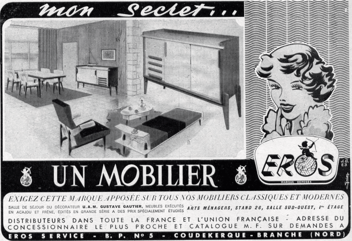 Scandinavian teak row 50s-60s, French manufacture signed Eros