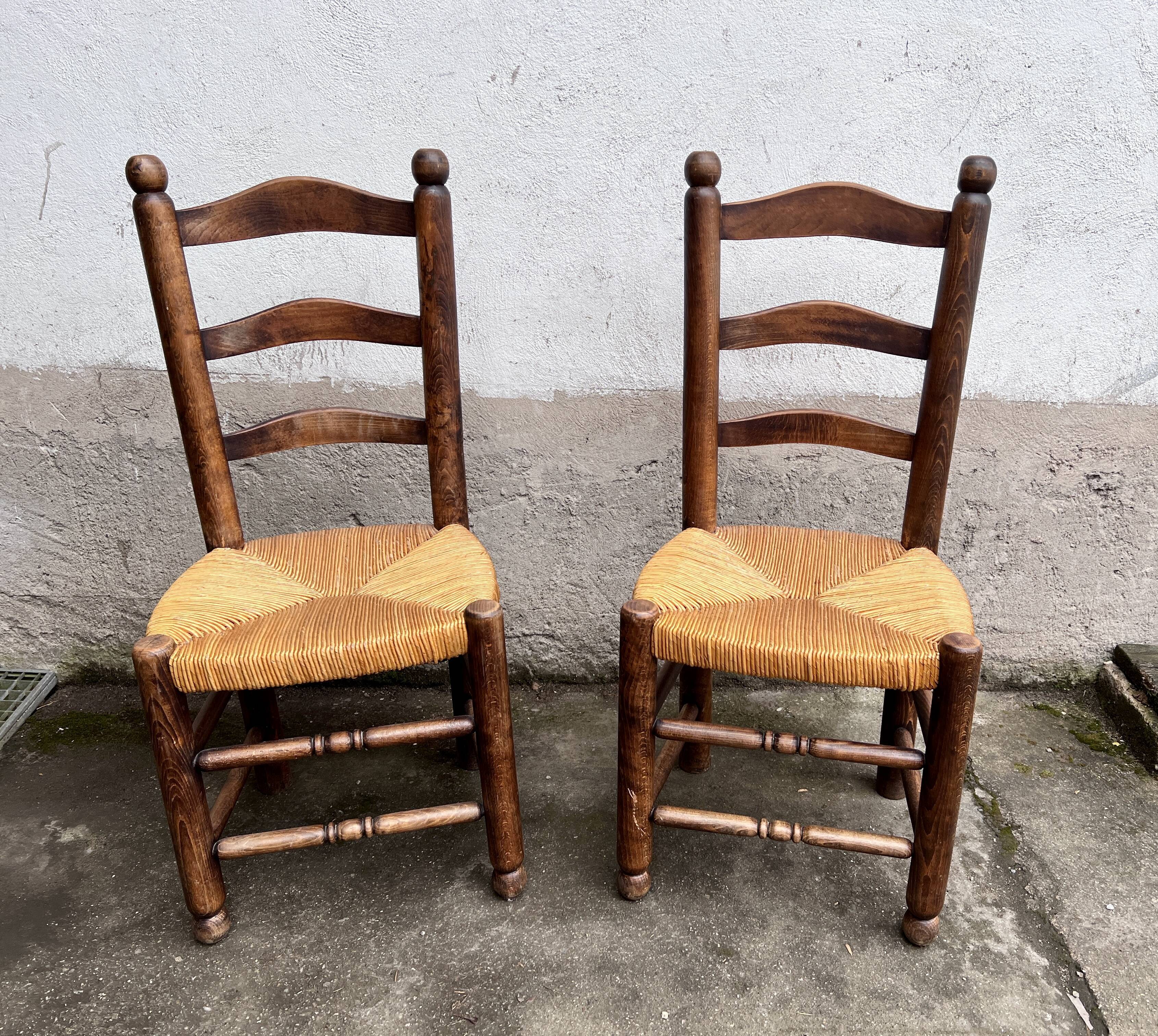 Pair of vintage Brutalist chairs made of wood and straw