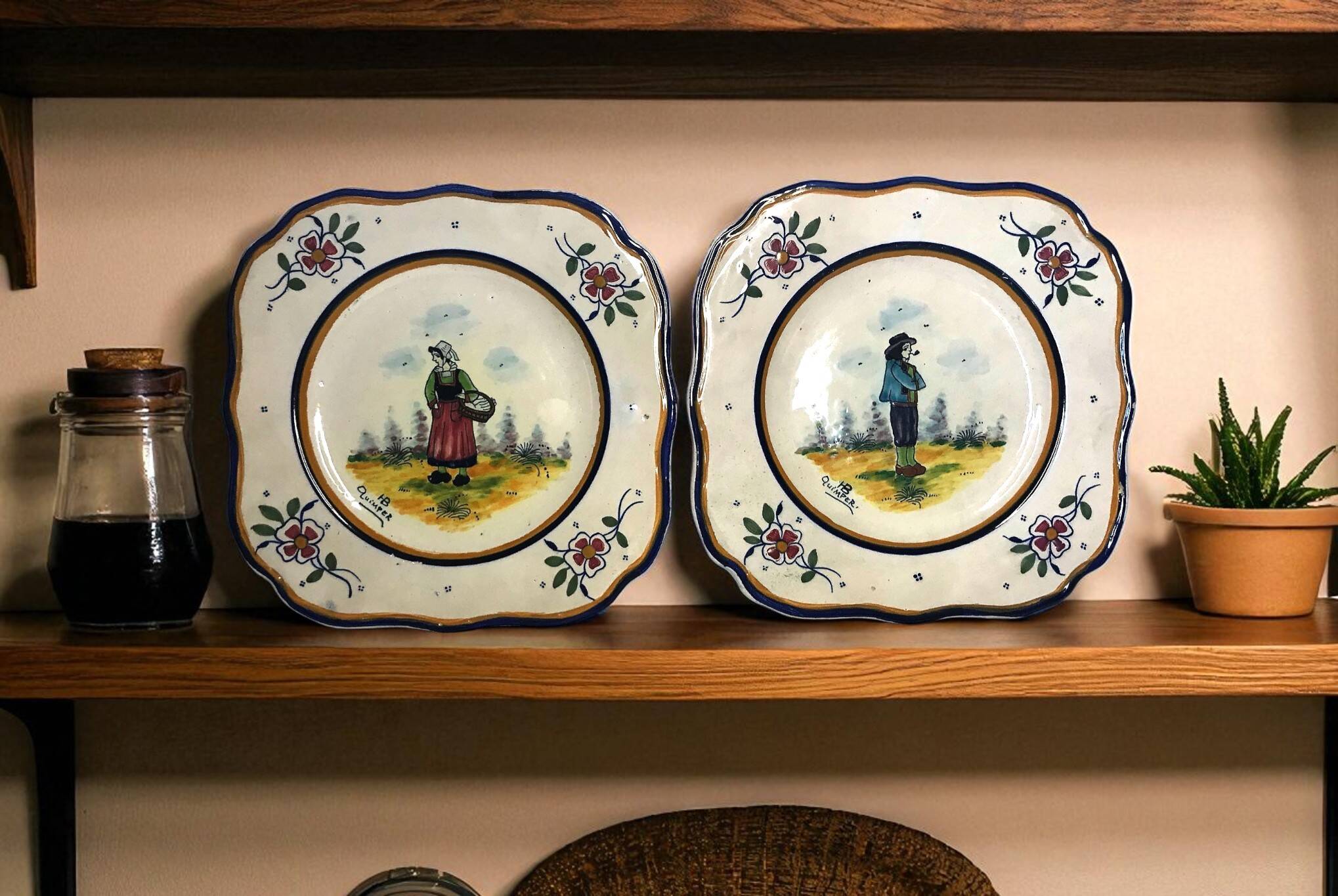 Quimper HB two square plates of Breton peasants from the early 20th century