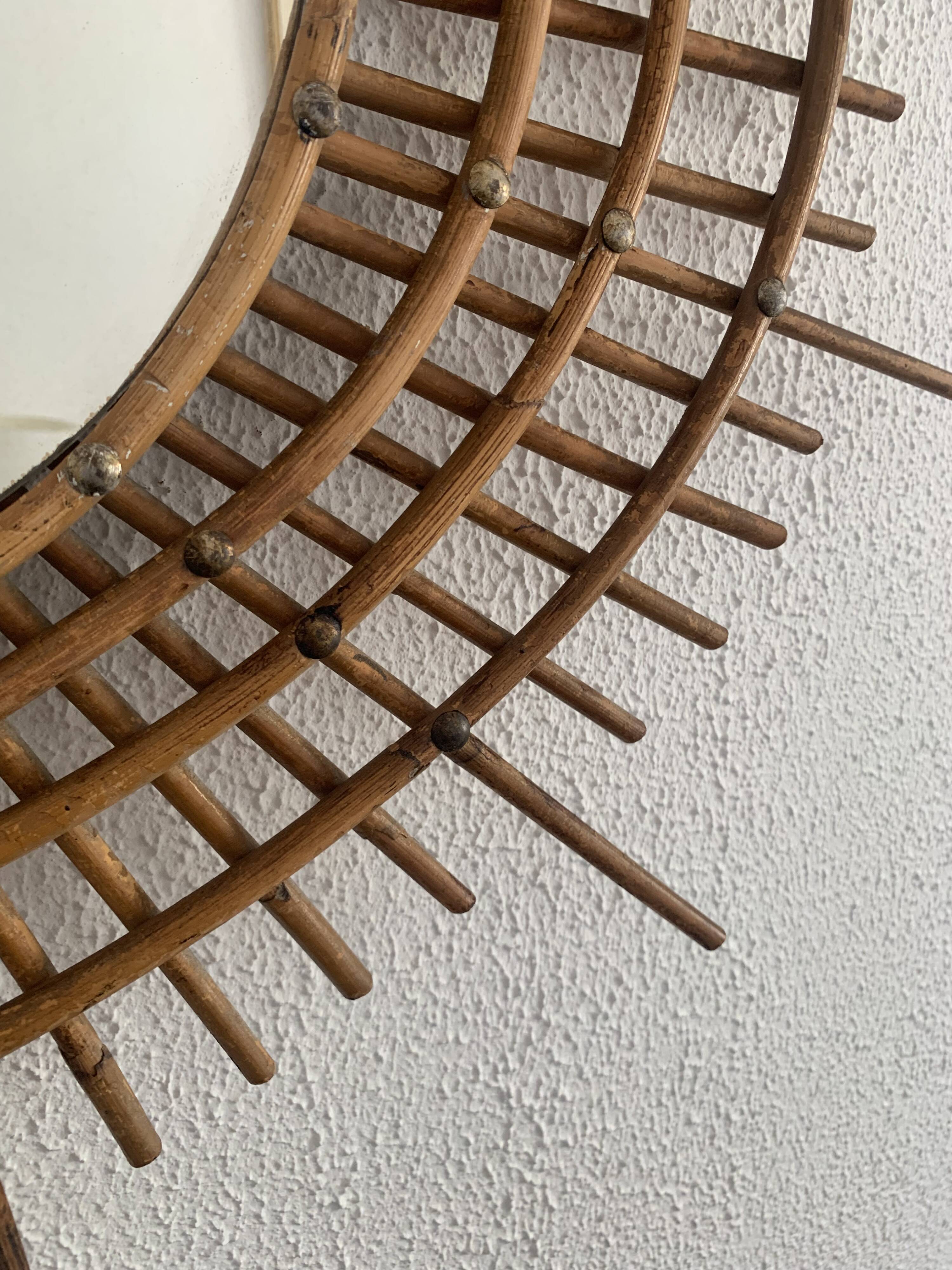 Vintage 1960s sunburst rattan ortf style spiral eye mirror - 90 x 67 cm