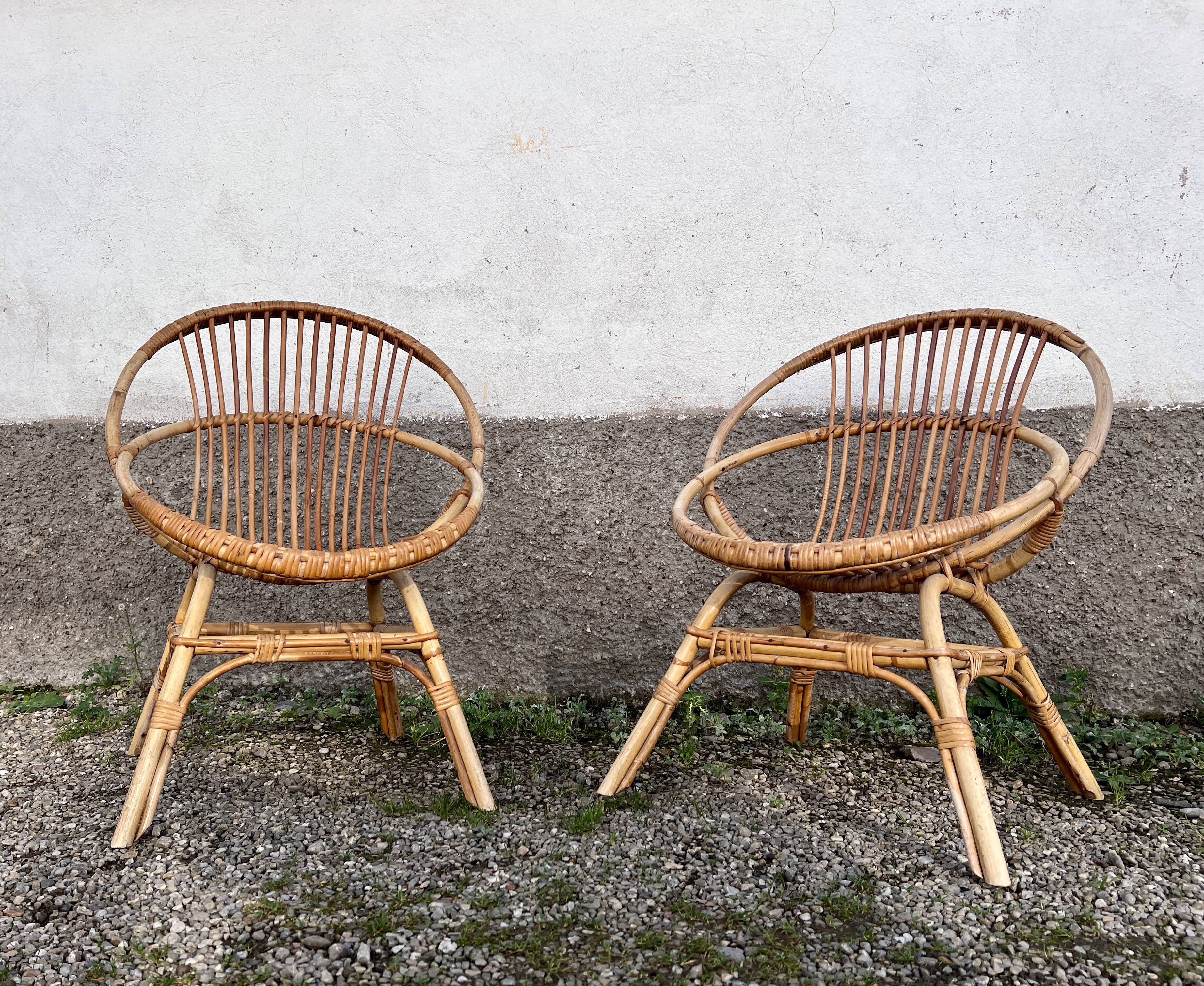 Paire de chaise loveuse fauteuil en rotin bambou 1950