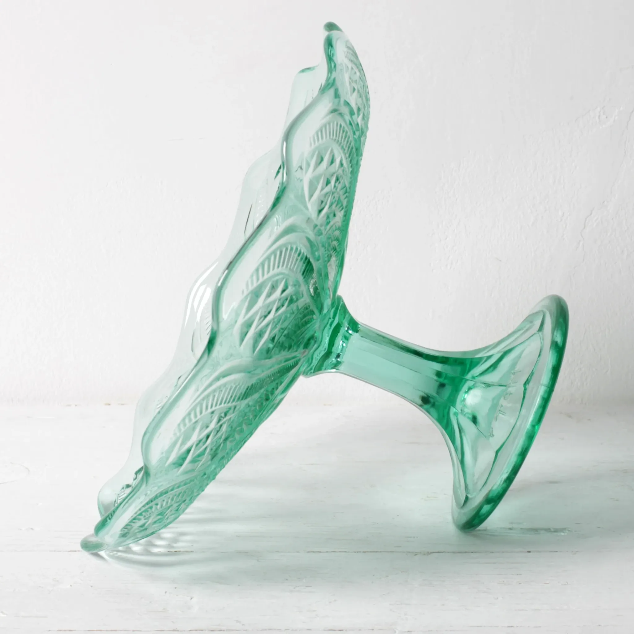 Pressed Glass Pedestal Bowl / Vintage Georgia Green Fruit Bowl / Ukraine /