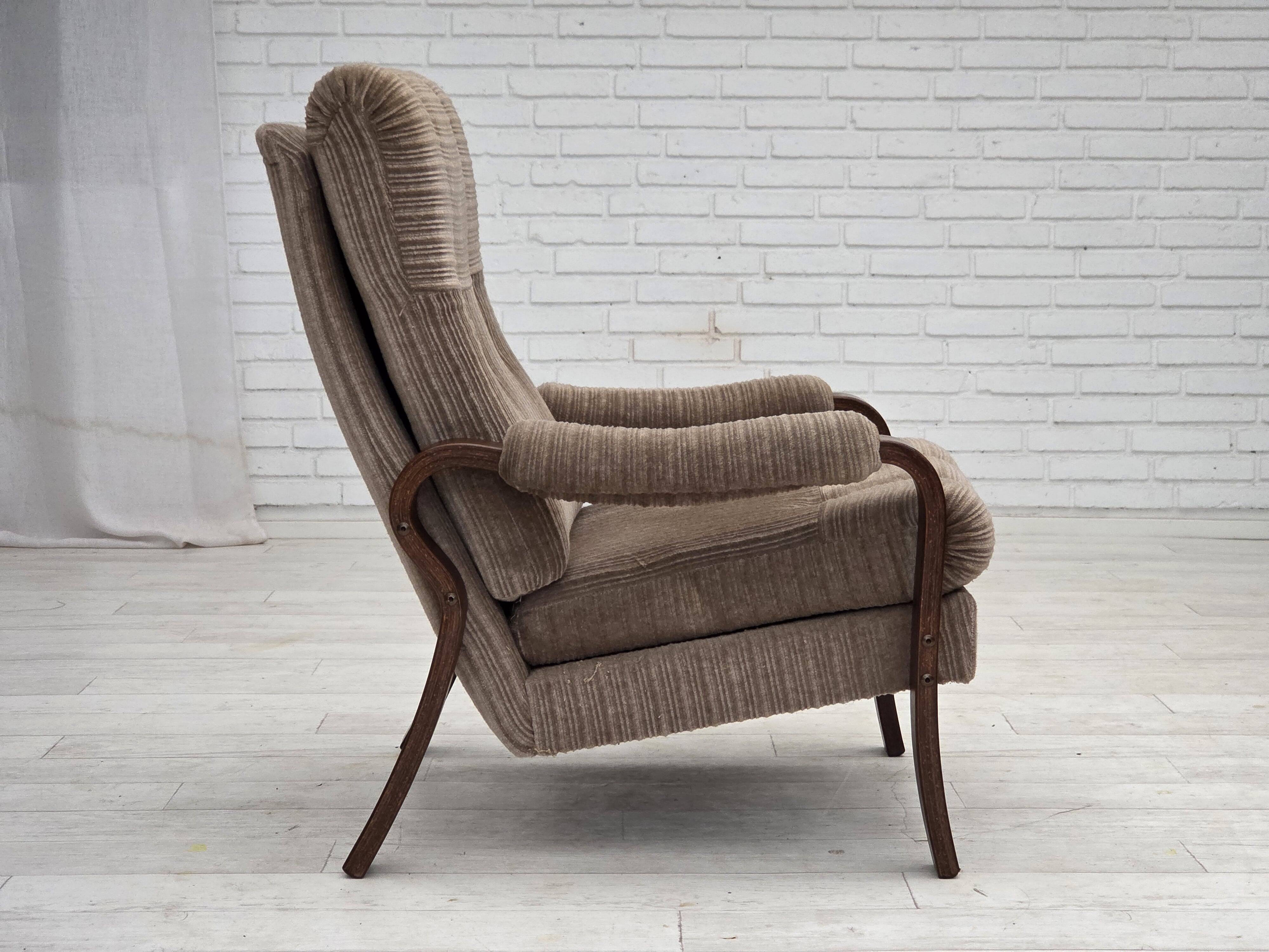 1970s, pair of Danish armchairs, brown furniture corduroy, beech wood.