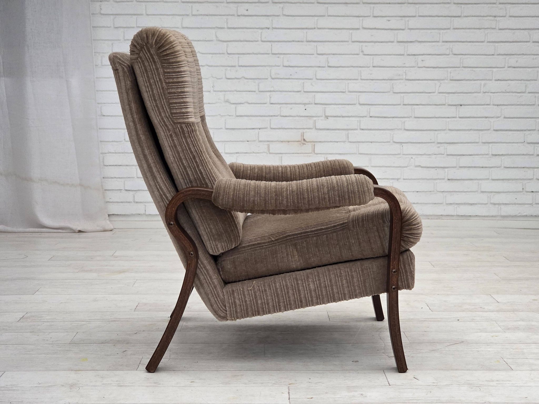 1970s, pair of Danish armchairs, brown furniture corduroy, beech wood.