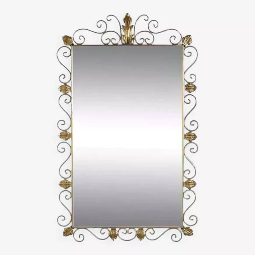 Rectangular mirror from the 50s and 60s on a brass frame
