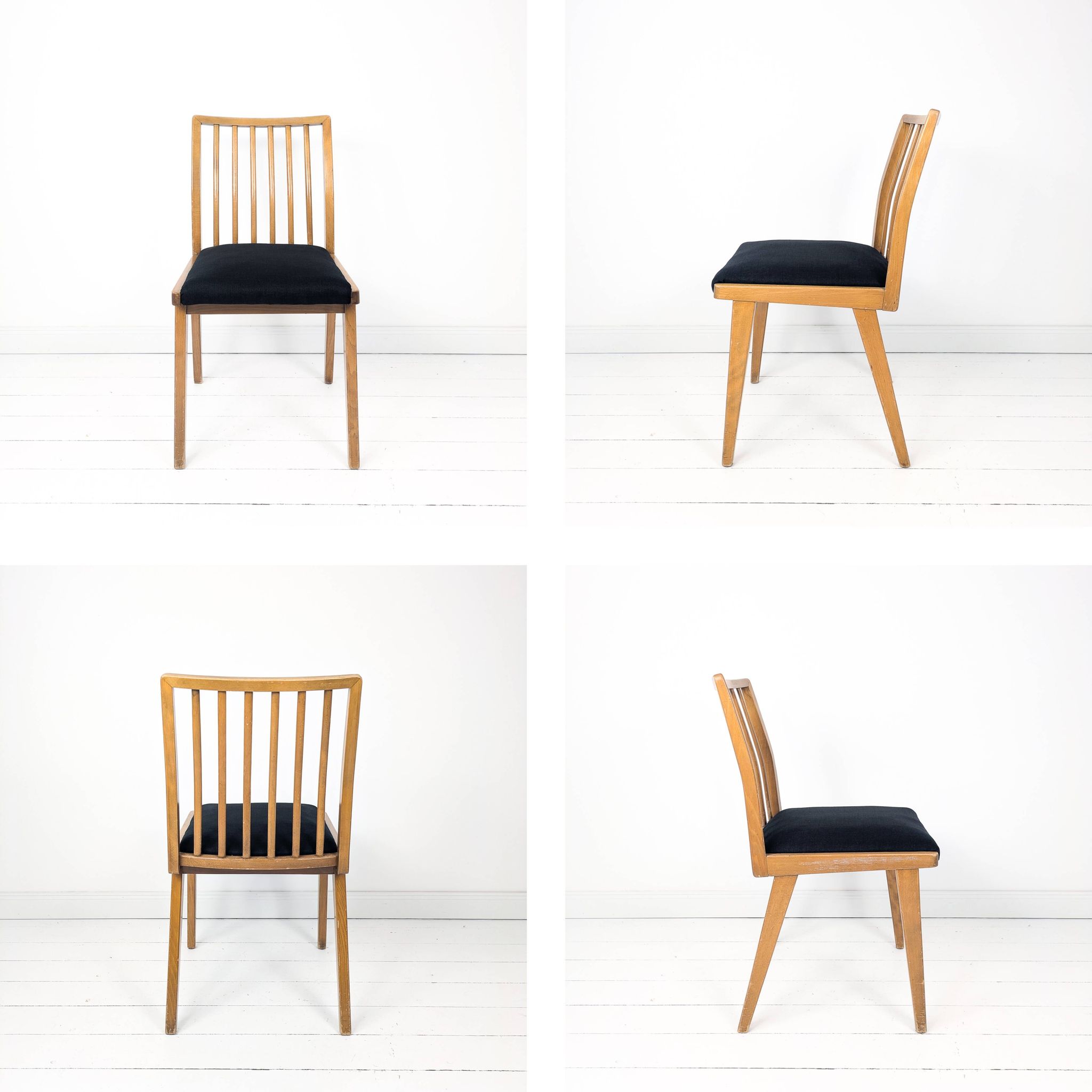 Chaise vintage Mid-Century à barreaux en bois massif avec assise à ressorts