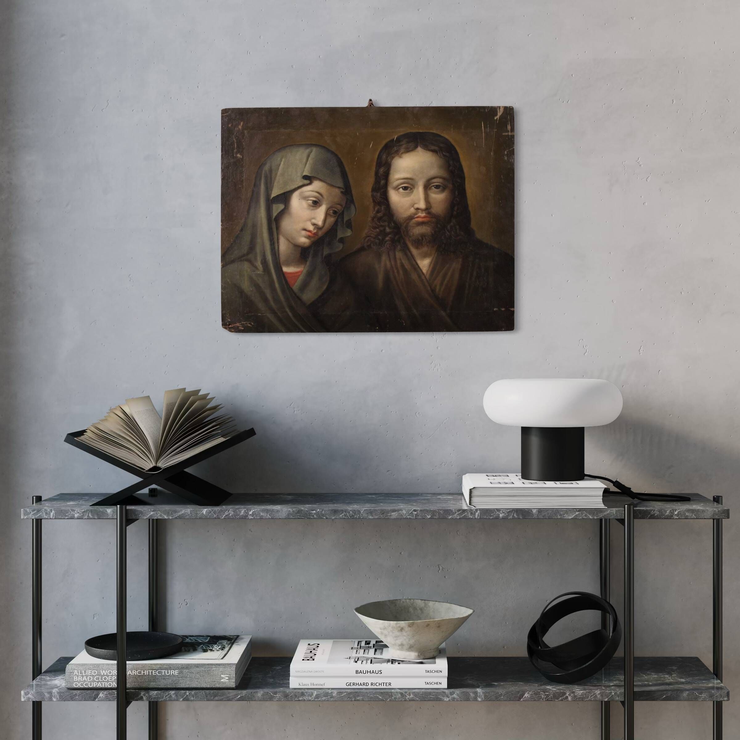 Antique French painting on panel, Christ and the Madonna from 18th century
