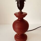 Pretty Turned Wood Lamp, Raspberry Red Color, Linen Lampshade