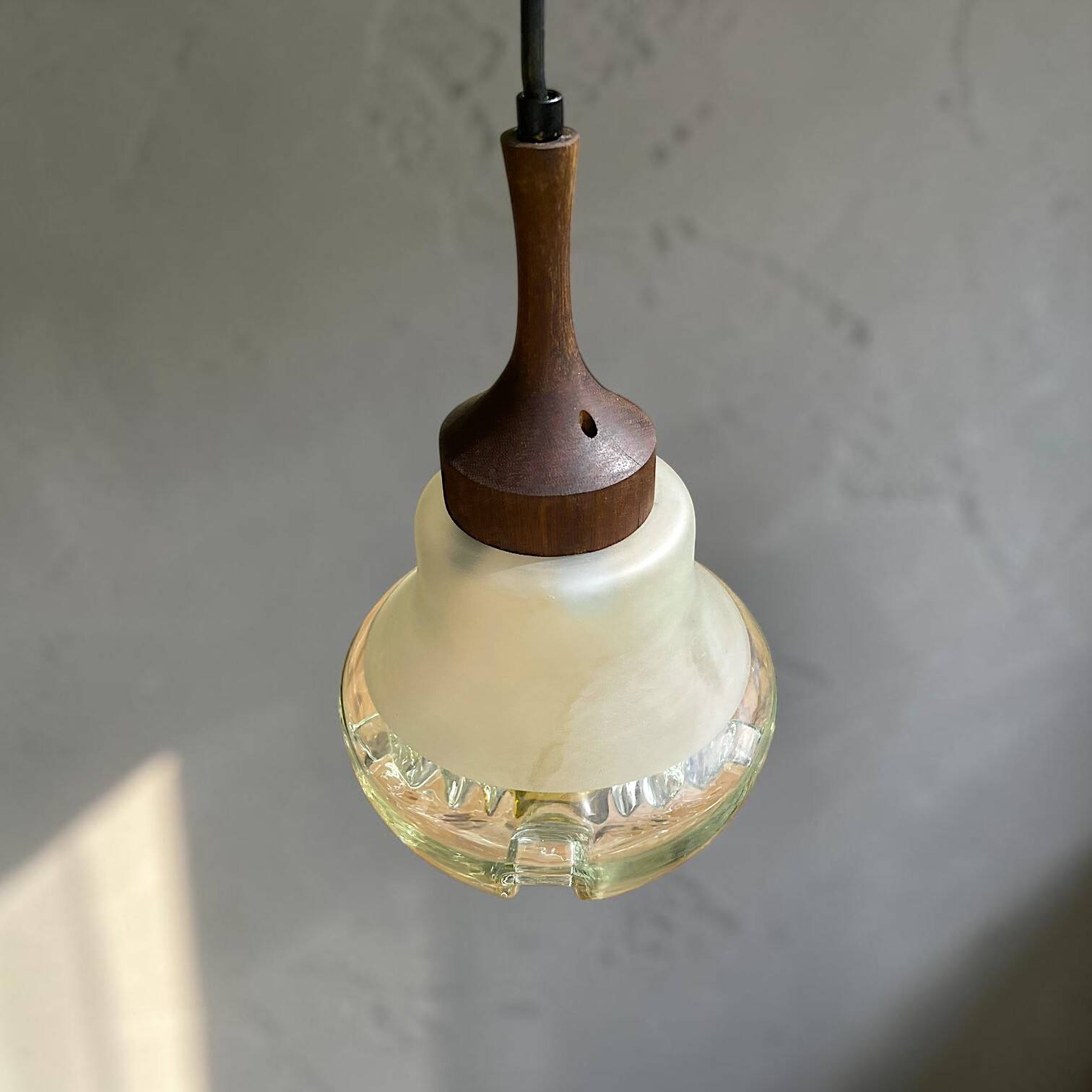 Teak wood and Mazzega style glass pendant lamp