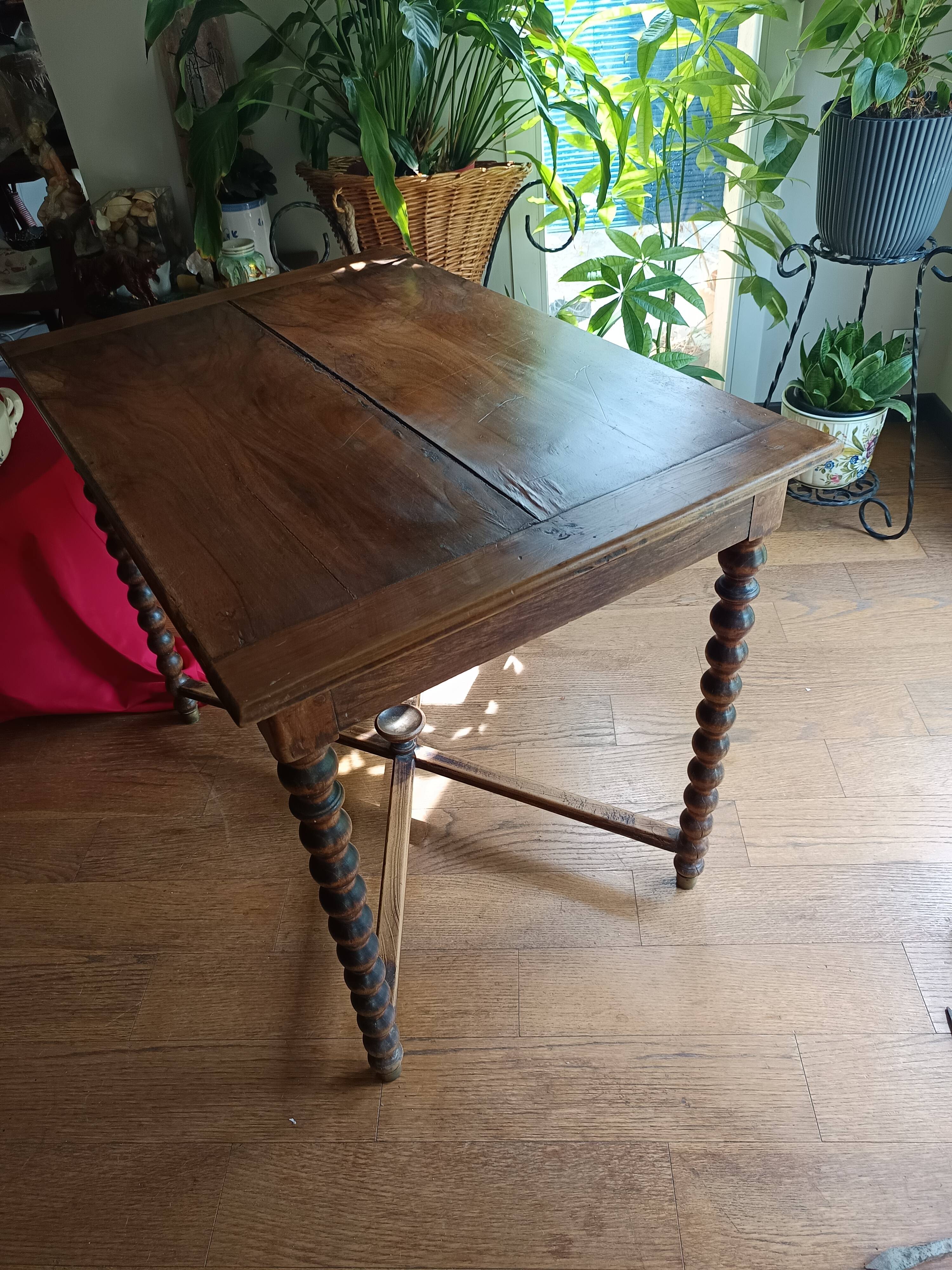 Antique solid walnut table with turned legs, france, late 19th century