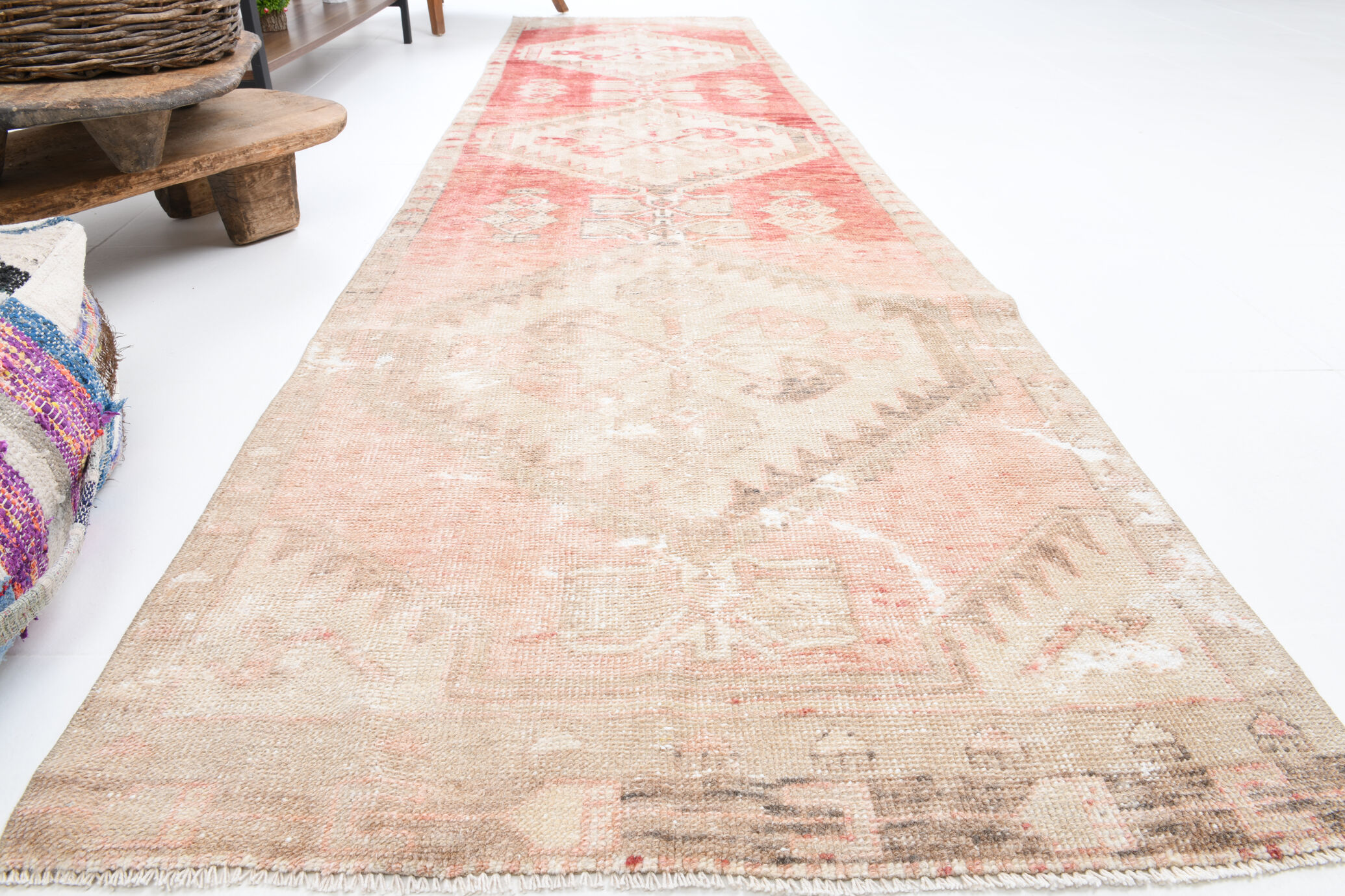 Faded red and beige vintage runner rug 322x85cm