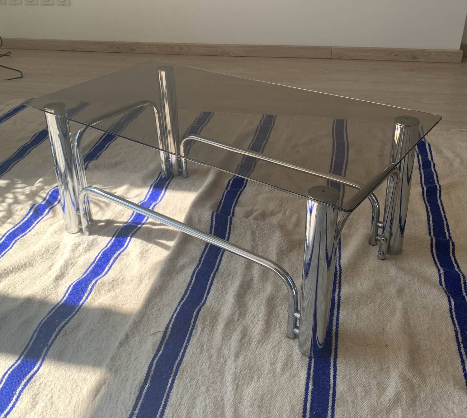 70s glass and chrome metal coffee table