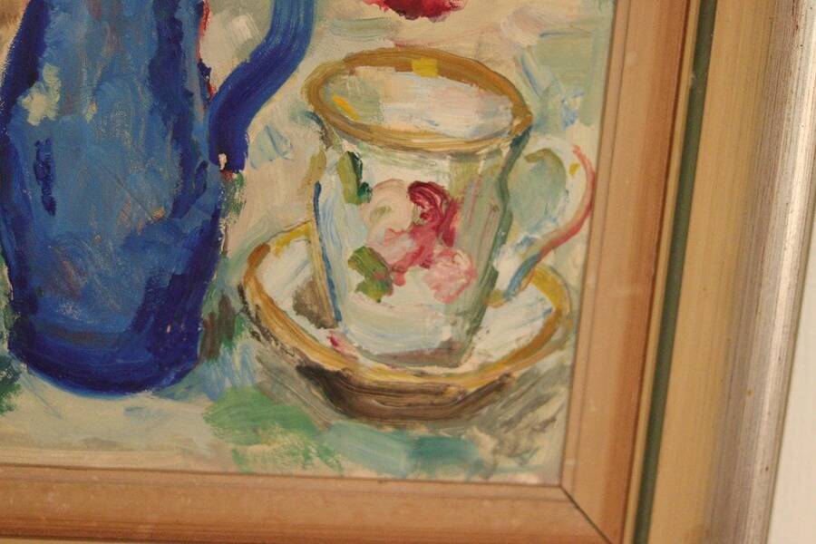 Original mid-century Swedish oil on panel – “Tea” by Karl Enoch Ohlsson – vintage & framed – 56 × 64 cm