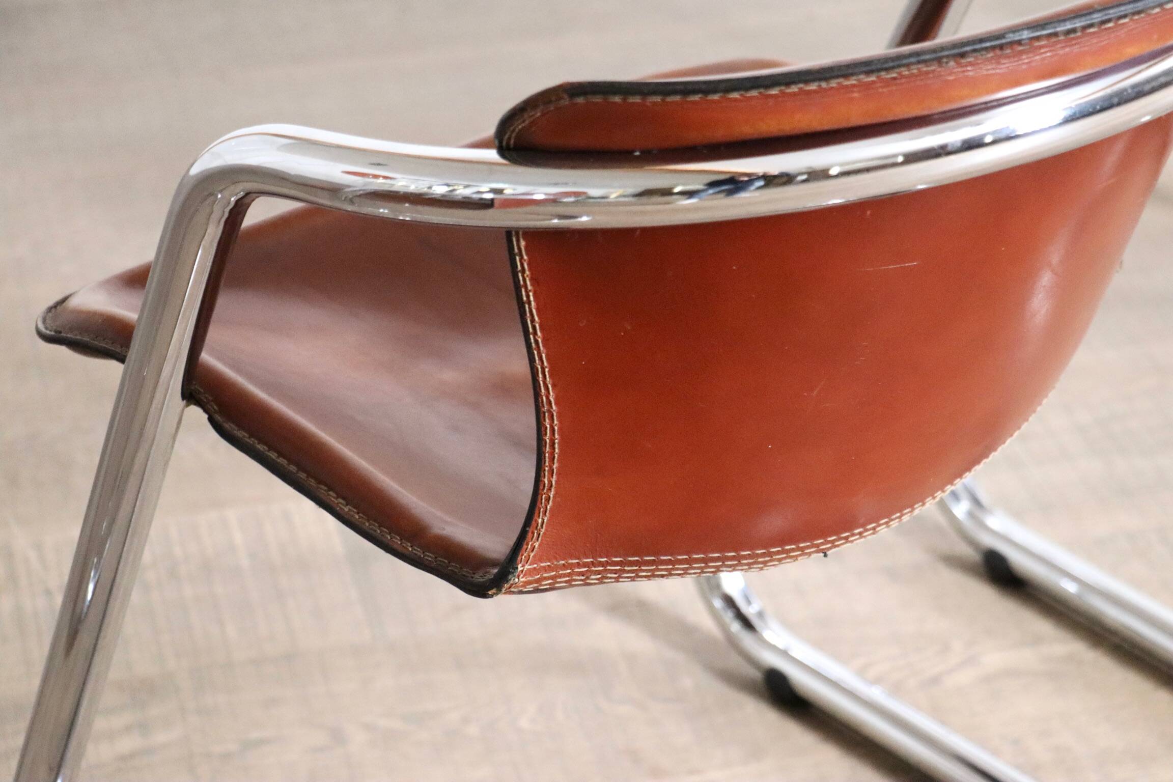 Set of 6 tubular chrome and saddle leather dining chairs for Metaform, 1970