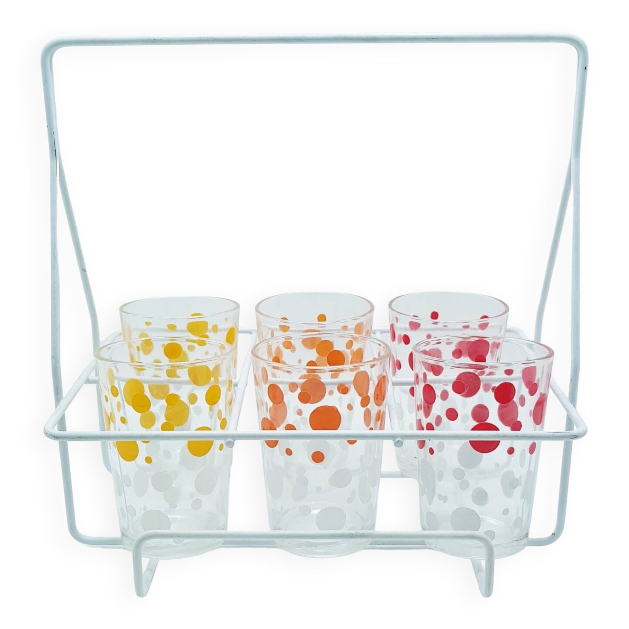 6 polka dot juice glasses in carrier