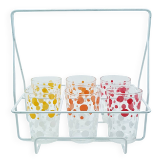 6 polka dot juice glasses in carrier