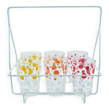 6 polka dot juice glasses in carrier