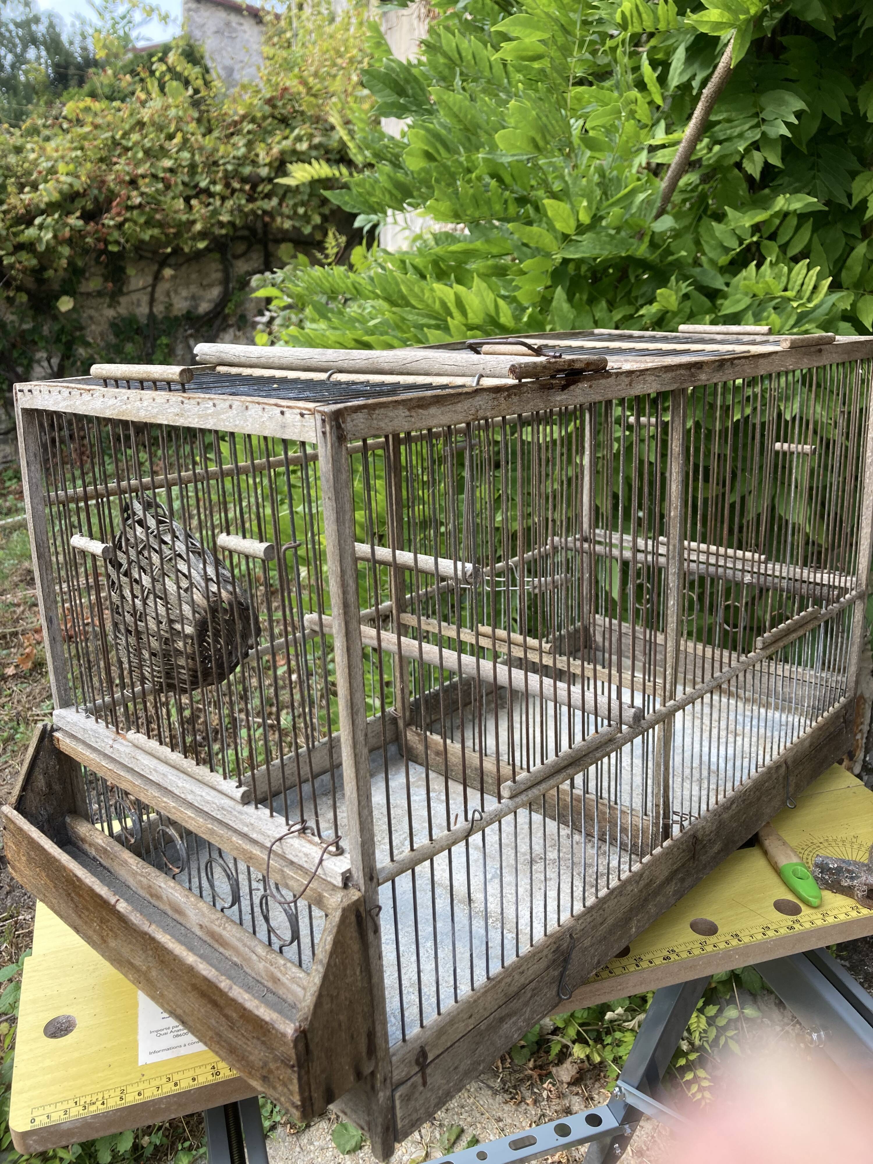 Cage double à oiseaux ancienne en bois et zinc
