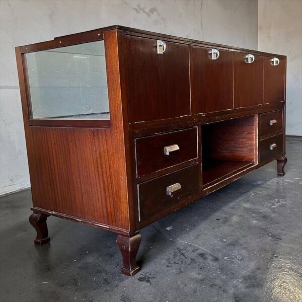 Comptoir de magasin/vitrine/présentoir vintage en bois