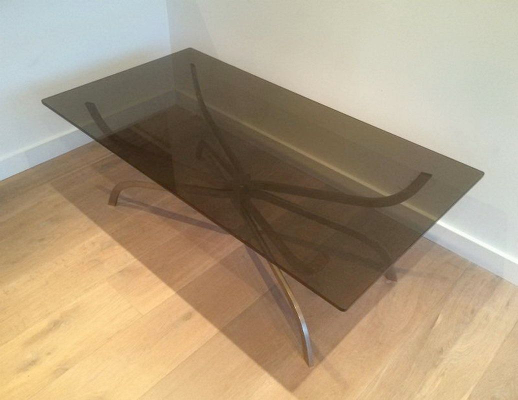 Coffee table in brushed steel and smoked glass top by Maison Charles