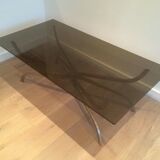 Coffee table in brushed steel and smoked glass top by Maison Charles