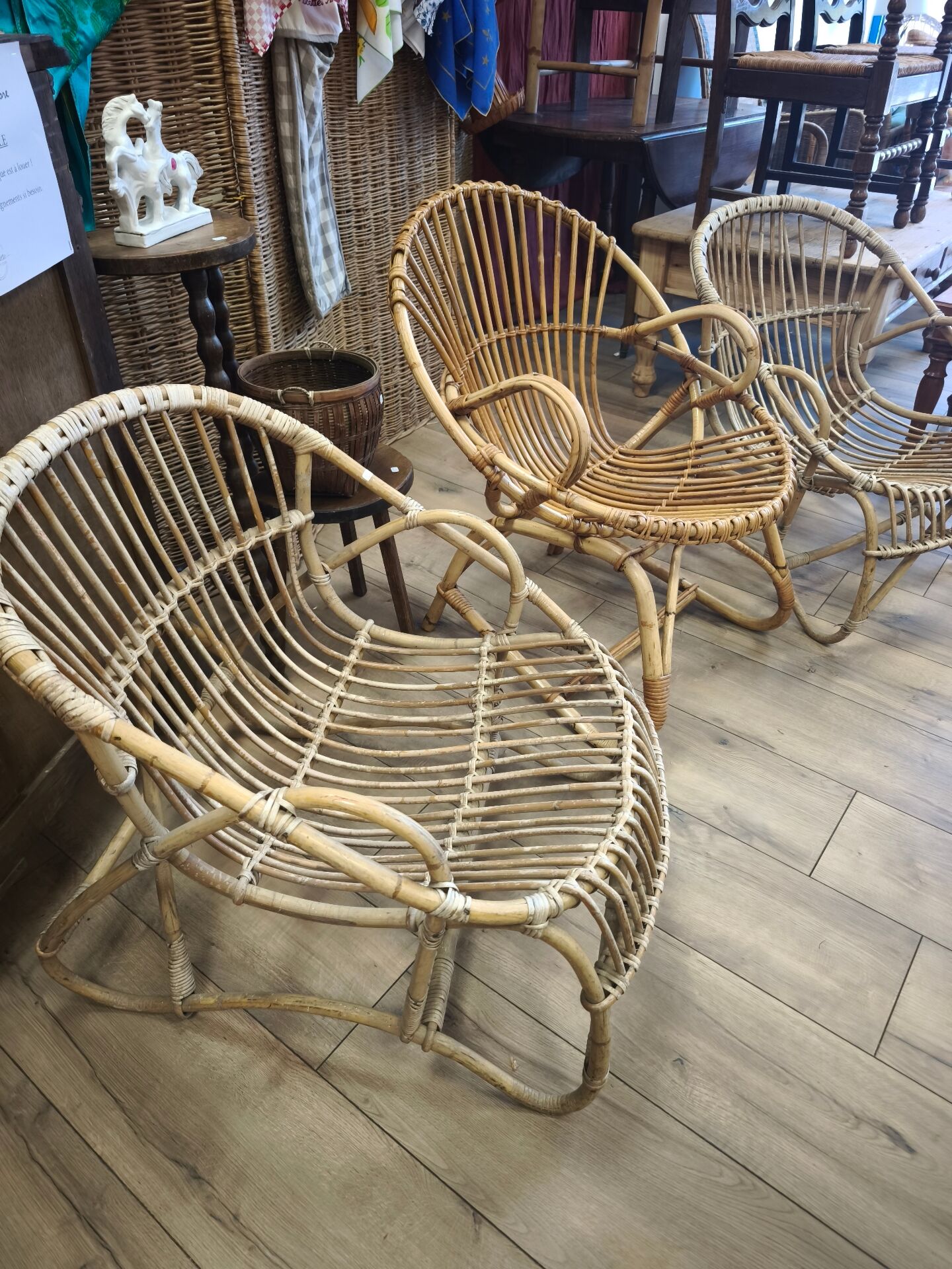 Set of 3 vintage rattan armchairs