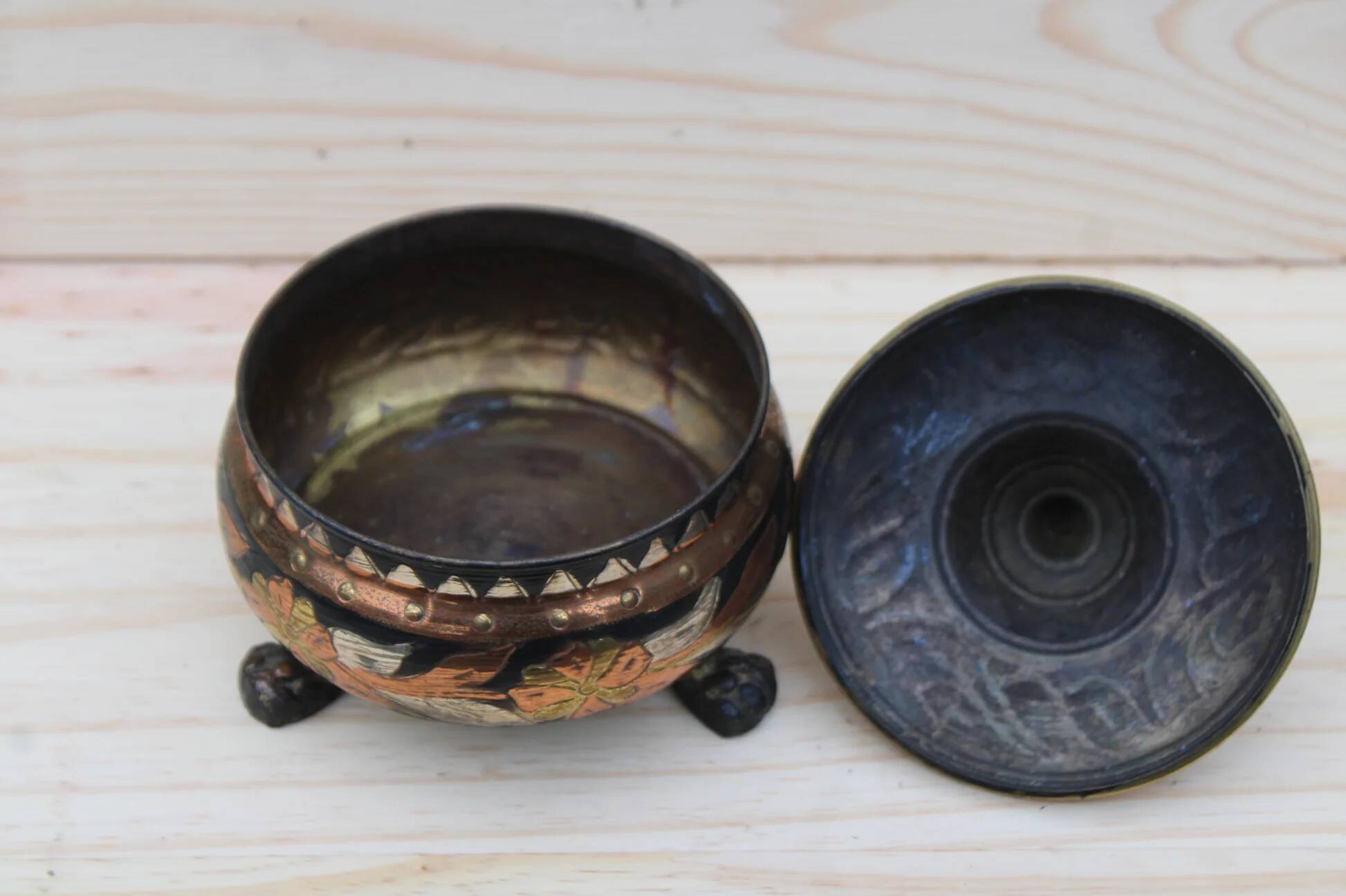 Vintage brass bonbonnière – copper and gold floral patterns