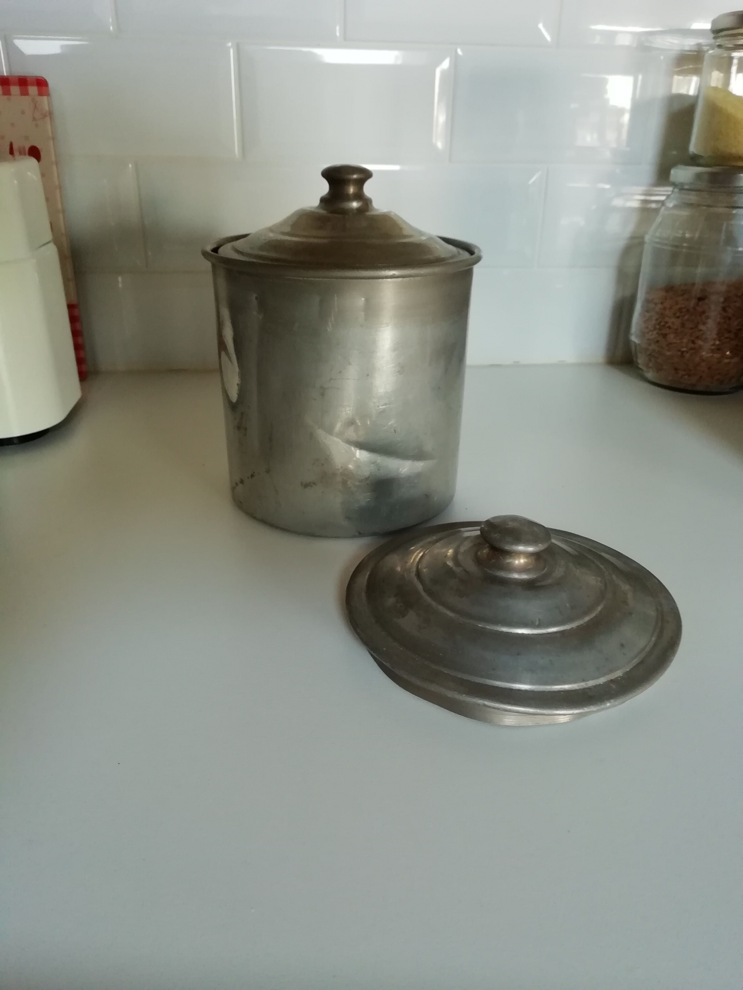 complete series of 6 metal jars with brass label