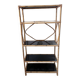 Rattan bookshelf and black glasses