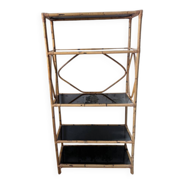 Bibliothèque étagère rotin et verres noirs