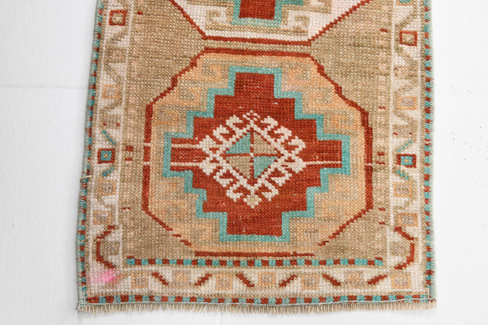 Beige & Red Small Size Vintage Wool Rug, Turkish Doormat Rug